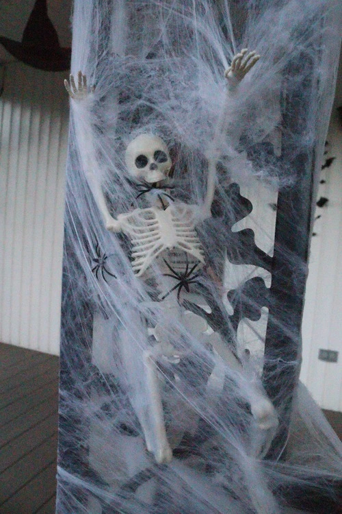 Small skeleton trapped in fake spider webs