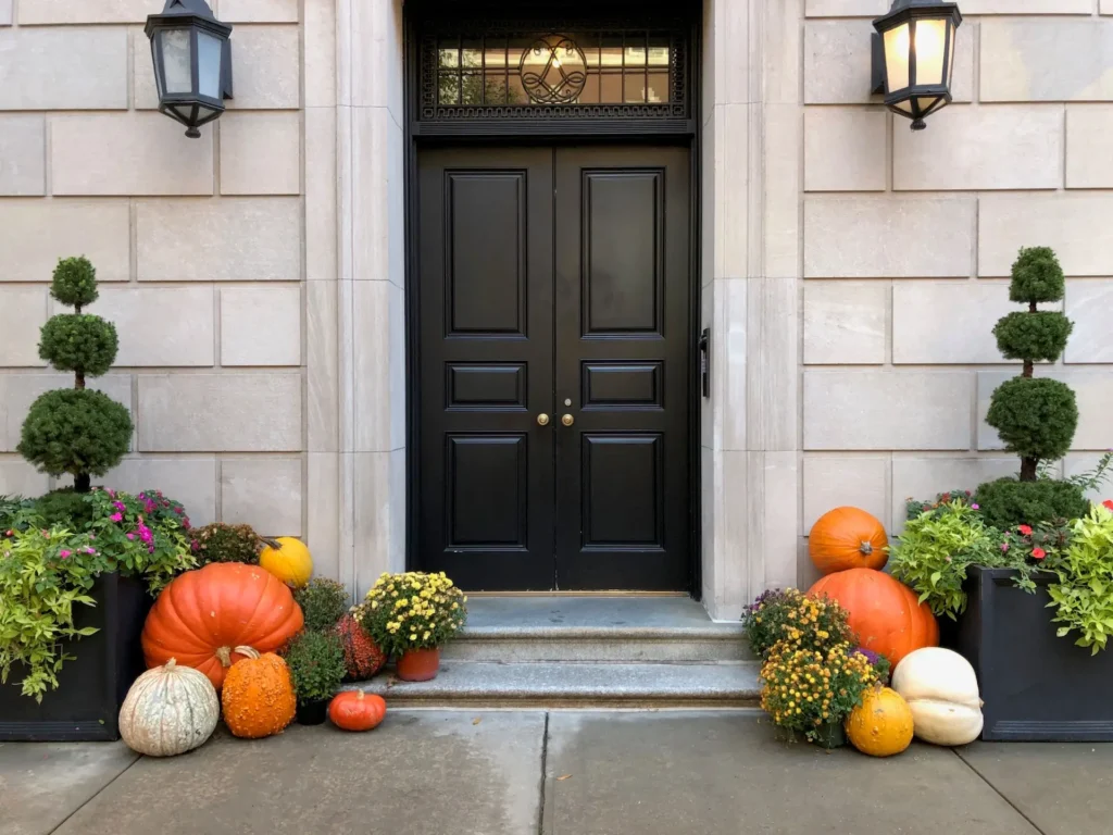 Outdoor home decorated with pumpkins for Halloween